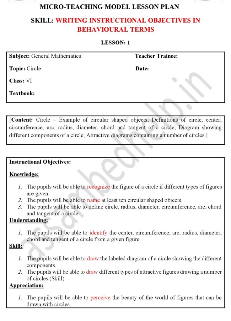 A Model Micro-Teaching Lesson Plan of Mathematics for the skill of writing instructional objectives in behavioural terms for B.Ed.